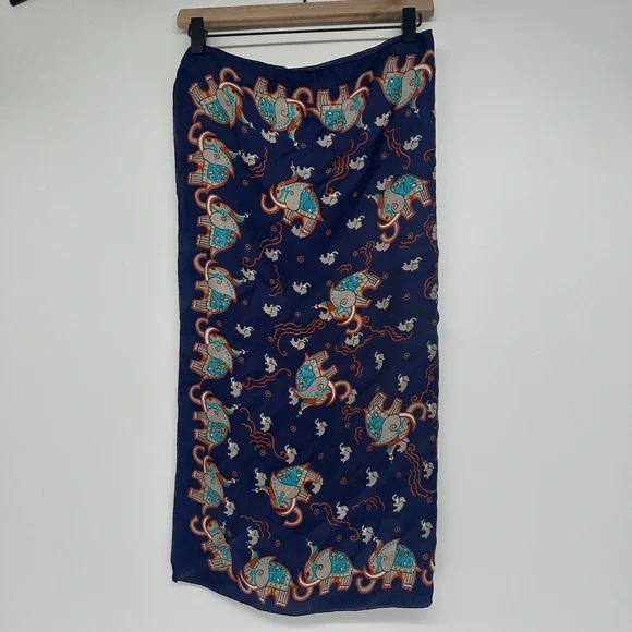 Vtg Odile St Germain Silk Scarf Navy Blue Elephant Print Designer Square 30" - Picture 1 of 3